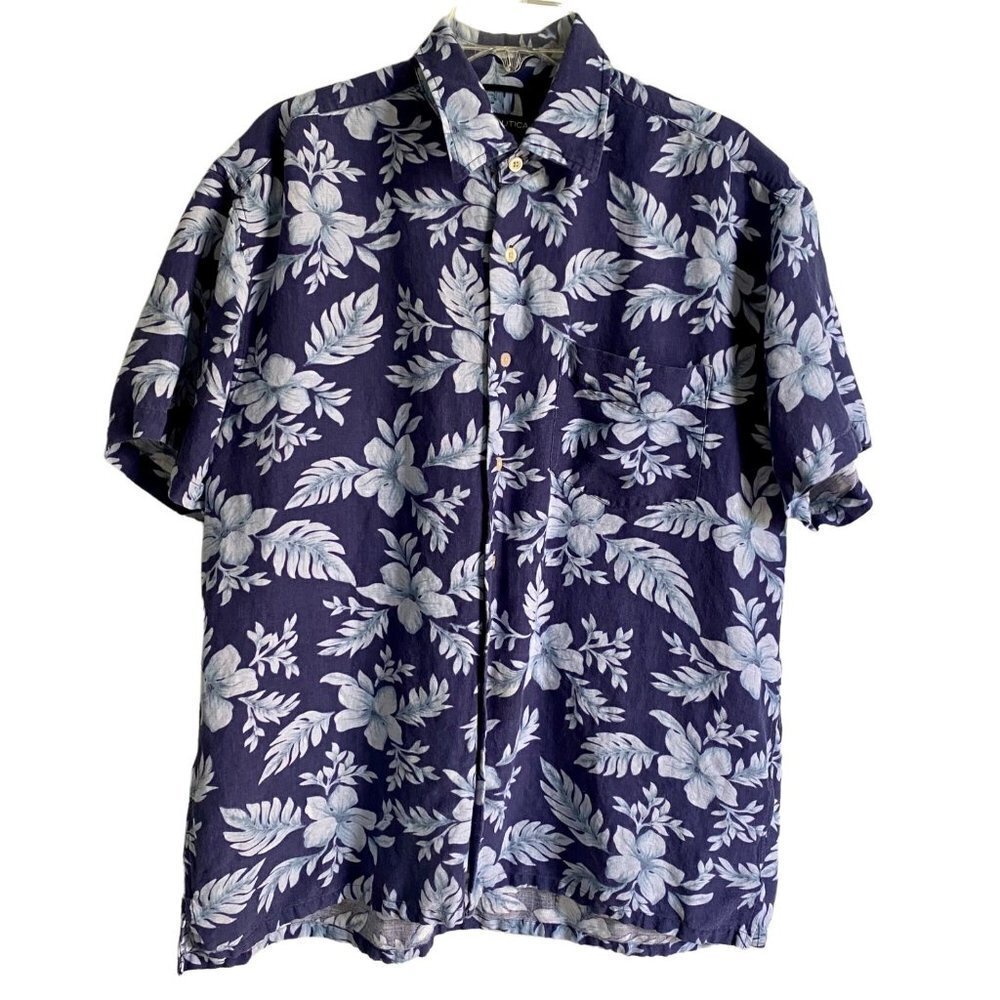 Nautica Short Sleeve Casual  Linen Blend Button Down Shirt